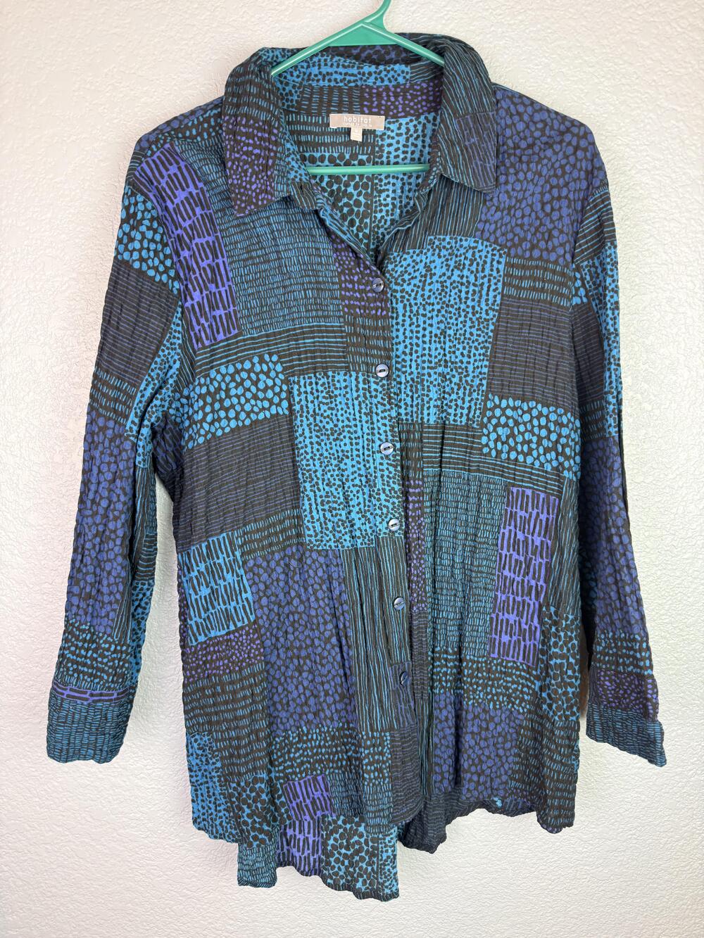 Habitat Shirt Womens Medium Blue Geometric Button Front 3/4 Sleeve Tunic Top